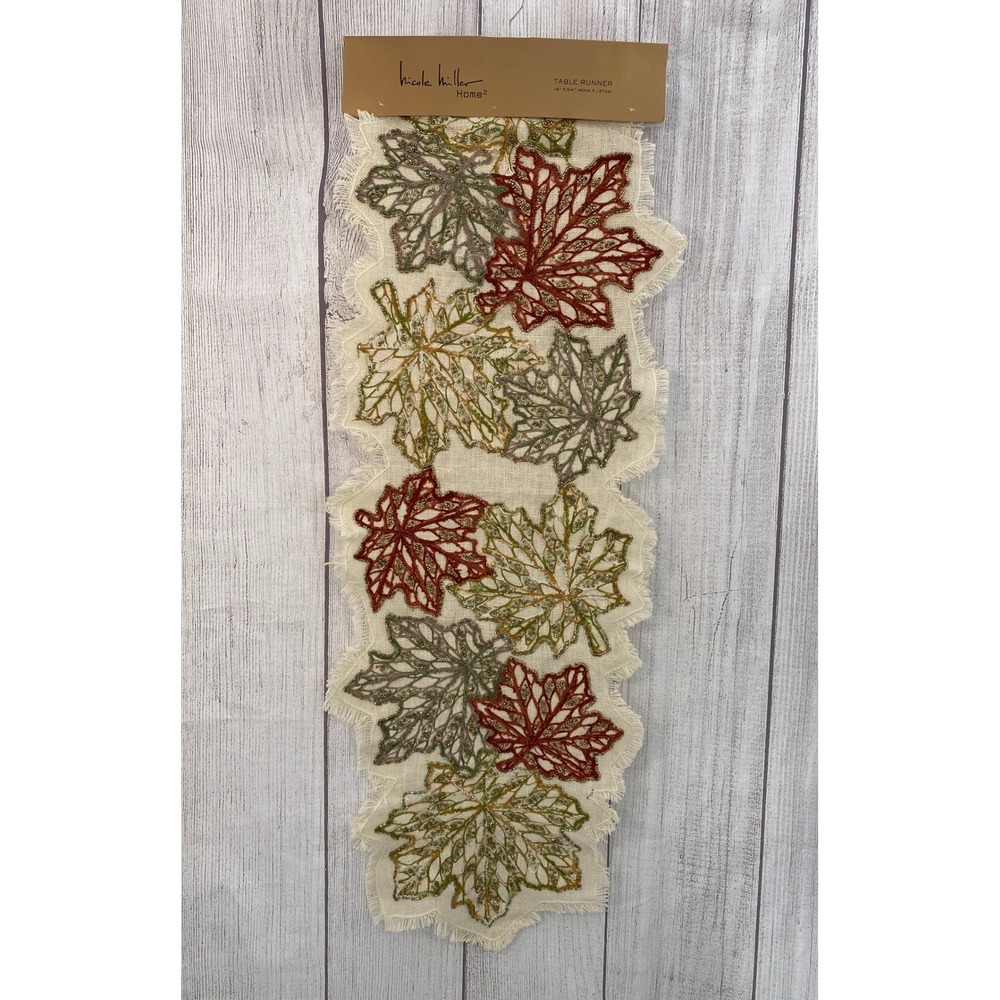 Nicole Miller Home Table Runner Fall 16x54 Cream Jute Beaded Embroidered Leaves